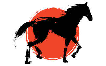 駿馬と初日の出の水墨画風和風素材 2026年の干支 左馬 イラスト素材