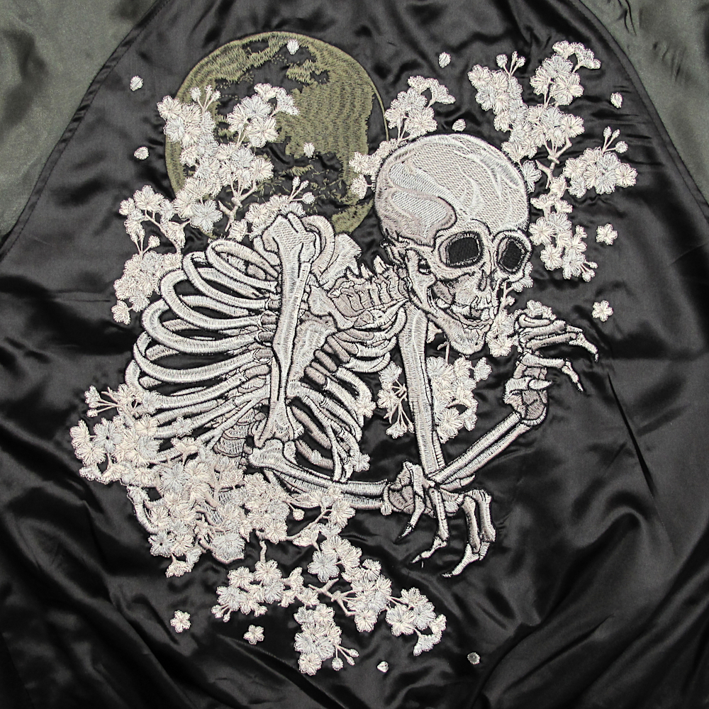 90sビンテージ 花旅楽団 両面刺繍 リバーシブル スカジャンL 髑髏 桜