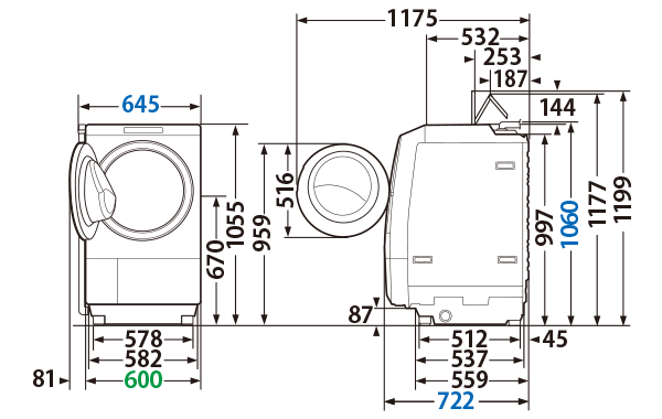 寸法・仕様 | TW-127XM2L | 洗濯機・洗濯乾燥機 | 東芝ライフスタイル