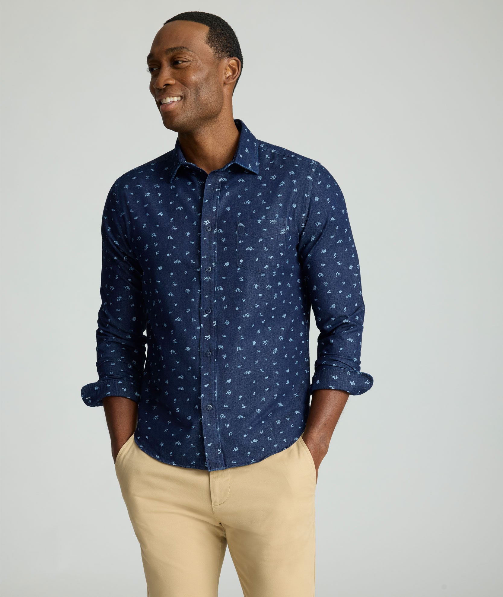 Wrinkle-Free Denim Oberton Shirt Navy with White Microfloral