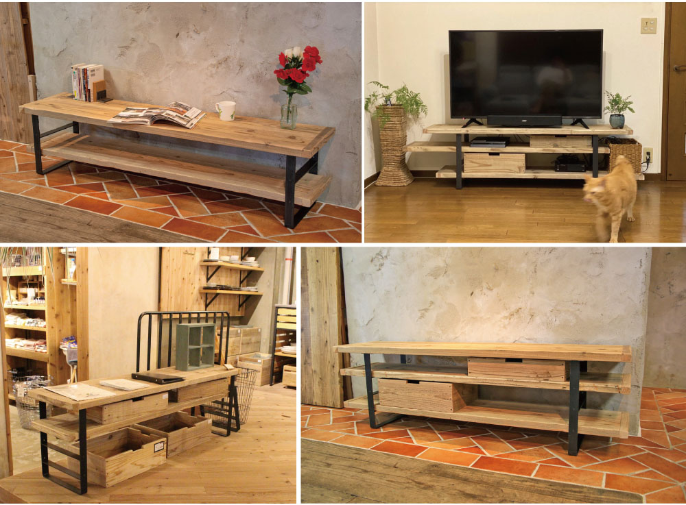 OLD ASHIBA（足場板古材）アイアンTVボード U-415型 幅1300mm×奥行