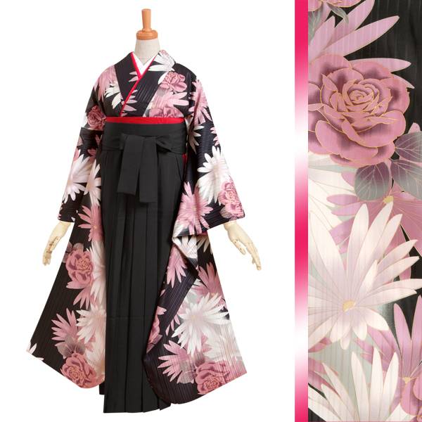 振袖袴： R186 黒 ピンクの菊とマーガレット☆(R639）│ 袴レンタル