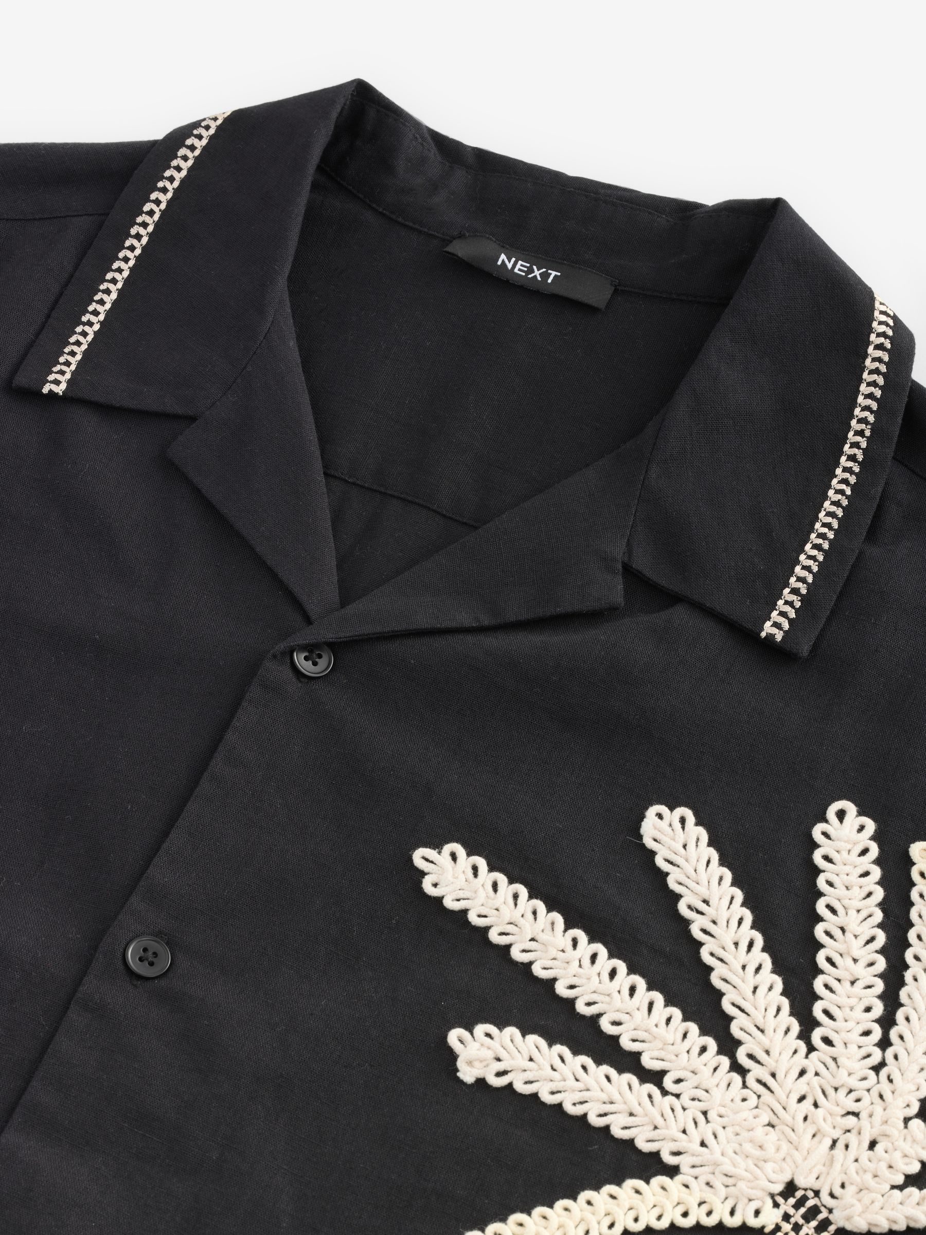 Buy Black Textured Palm Tree Embroidered Short Sleeve Shirt from