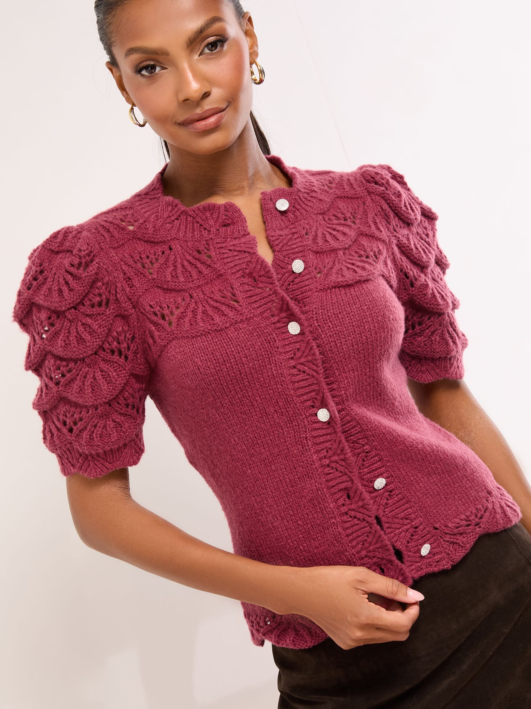 Buy Lipsy Burgundy Red Short Sleeve Scallop Pointelle Stitch