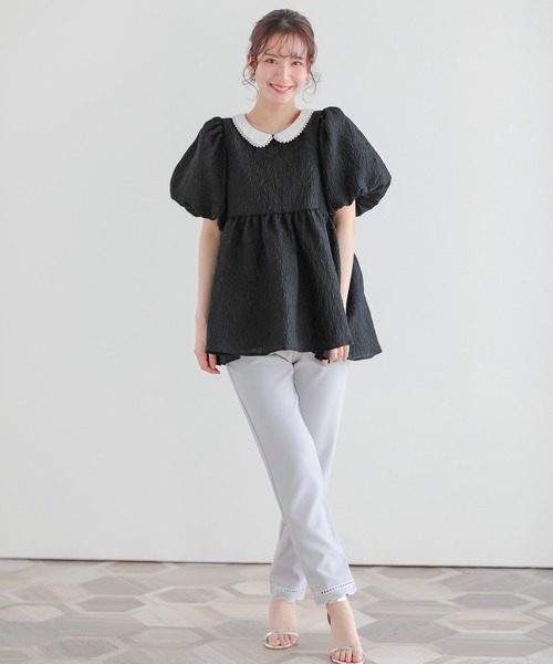 Fit more（フィットモア） パール襟ジャガードペプラムトップス