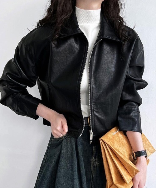 レザージャケット ライダース ショート丈 シンプルデザイン レディース