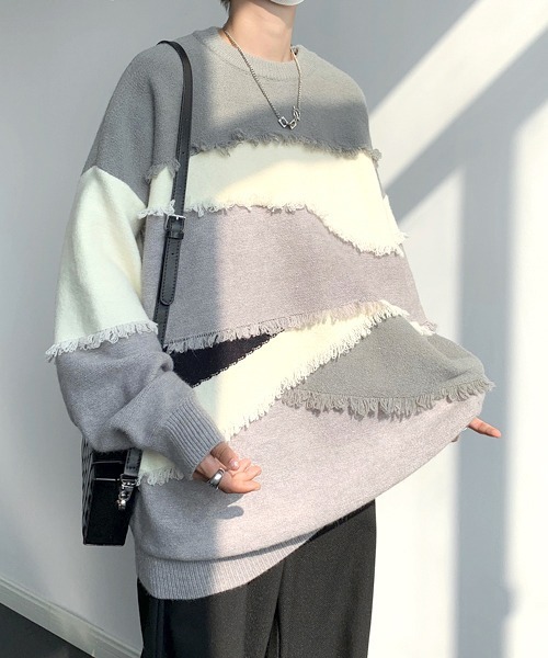 セーター ニット 「FVLMEN」fringe cut crew knit pullover/フリンジ