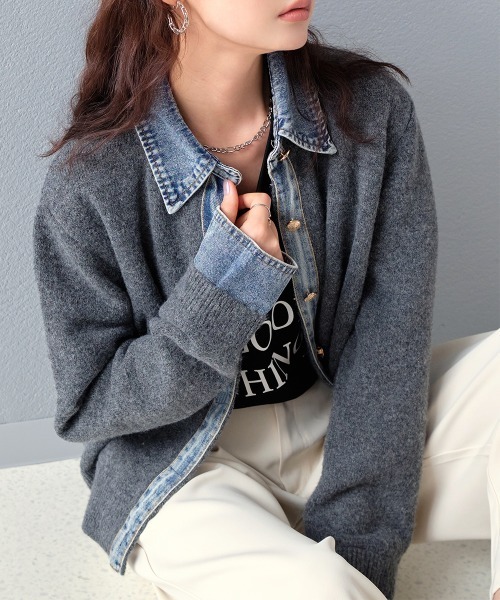 カーディガン デニム切替フェイクレイヤードニットカーディガン