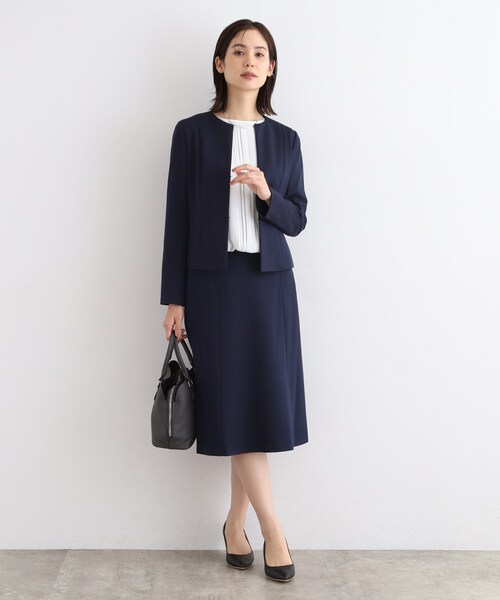 新品】INDIVI 38 紺色 ツイード風 ノーカラー パンツスーツ上下 卒入学