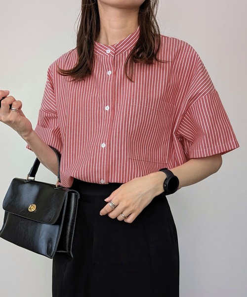 JUNOAH（ジュノア） ブラウス シャツ 半袖バンドカラーストライプ