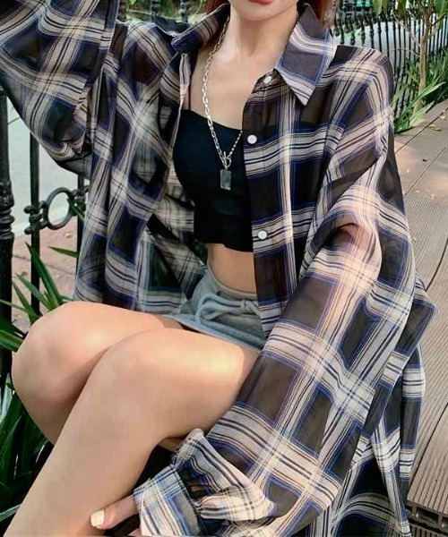 LADY LIKE（レディライク） ブラウス シャツ チェック柄ゆったりシアー
