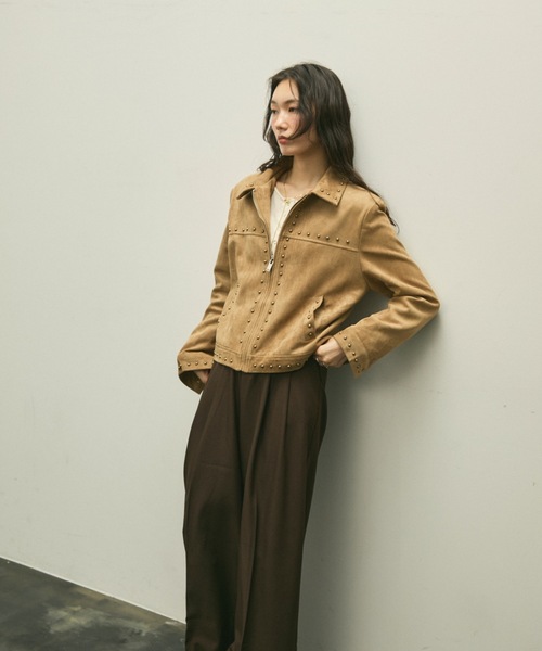 カバーオール Studs trim suede short jacket / スタッズトリム