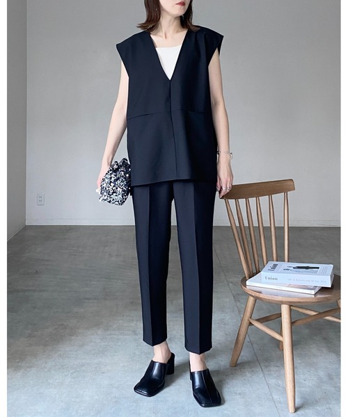 She's Closet セットアップ ノーカラー深Vネックベスト＆パンツ