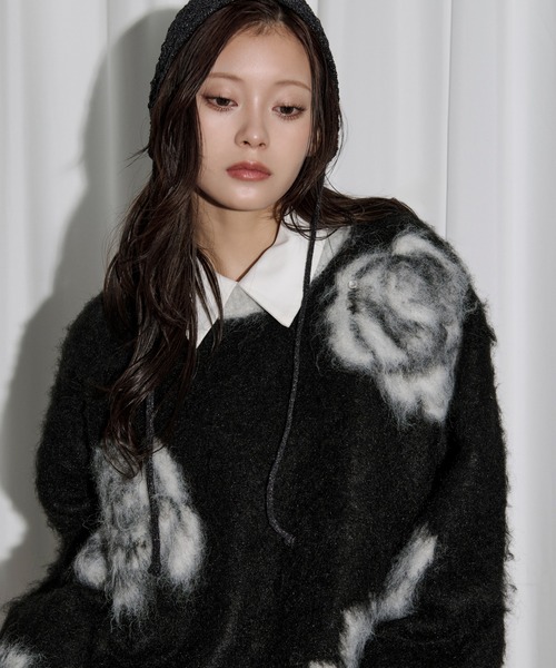 Ezick ニット セーター rose mix shaggy knit スタッズツキフラワー