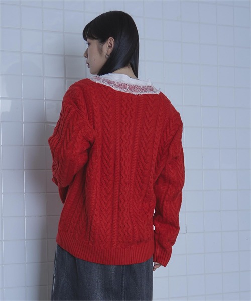 miette（ミエット） ニット セーター レースVネックケーブル編みニット