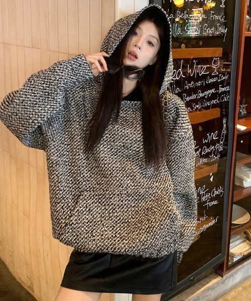 DIAVEL パーカー 「ユニセックス」ツイードビッグシルエットフード付き