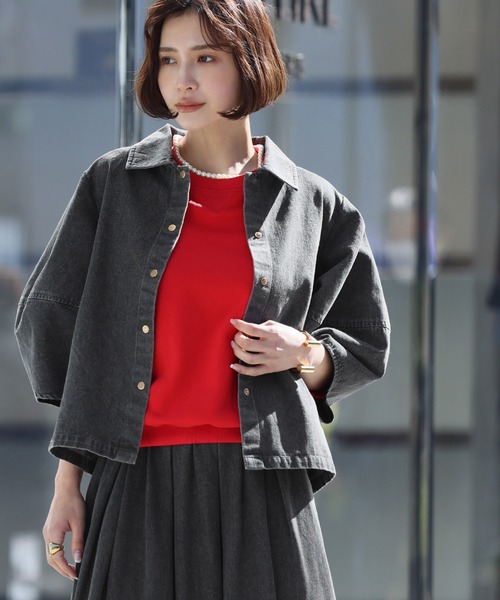 ELFRANK セットアップ ランタンスリーブデニムブラウス・タックフレア