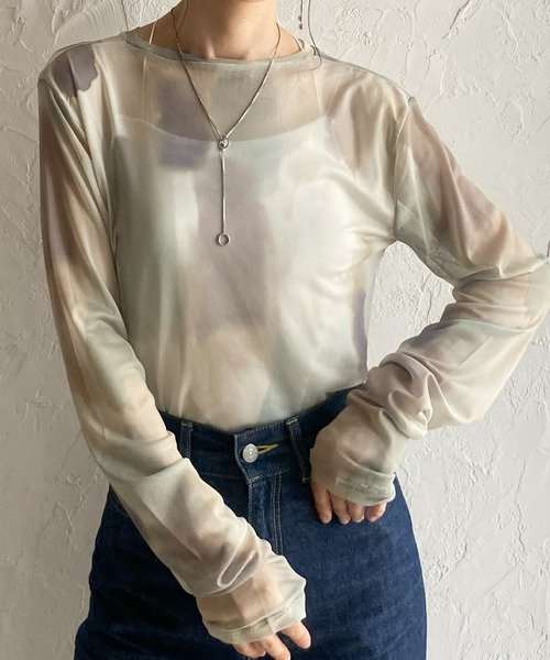 She's Closet tシャツ 総柄ニュアンス柄長袖クルーネックシアー