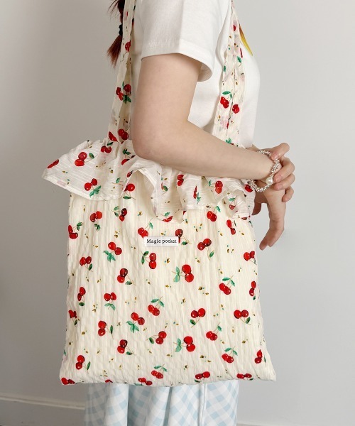 NANAHACHI トートバッグ チェリー柄 フリル トートバッグ エコバッグ