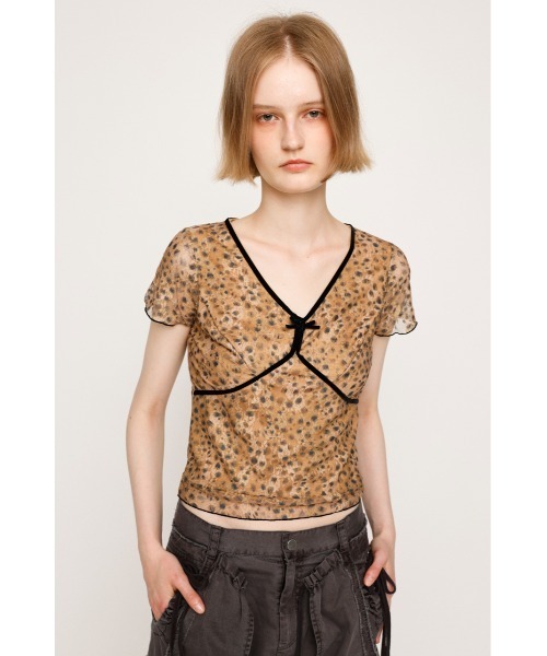 SLY（スライ） tシャツ V/N VELOURS TAPE LACE TOPS ヴイネック ベロア