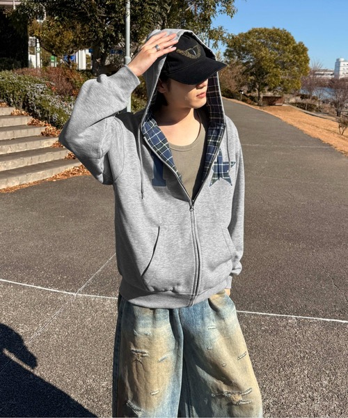 パーカー リバーシブルチェックジップパーカー メンズ レディース