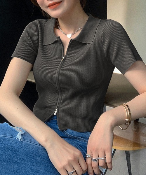 tシャツ ダブルファスナークロップド丈半袖トップス レディース