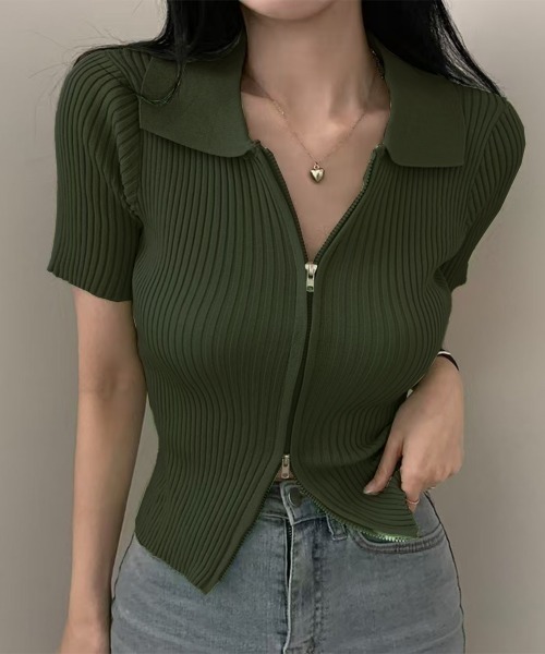 tシャツ ダブルファスナークロップド丈半袖トップス レディース