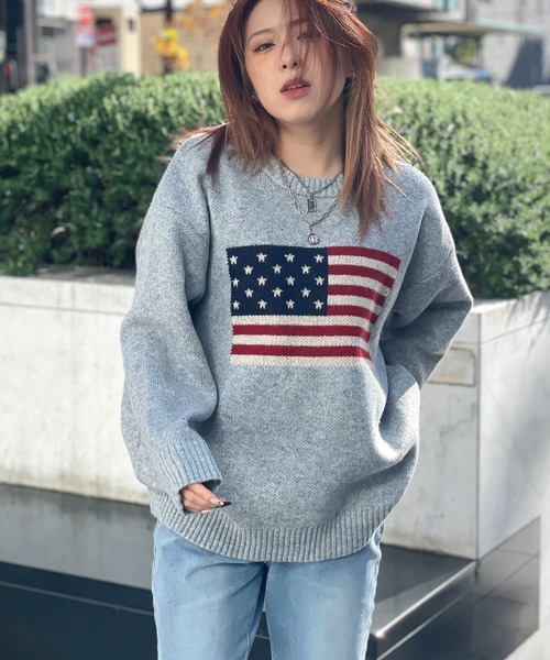 ニット セーター 「USAフラッグ×オーバーシルエット」レディース 主役