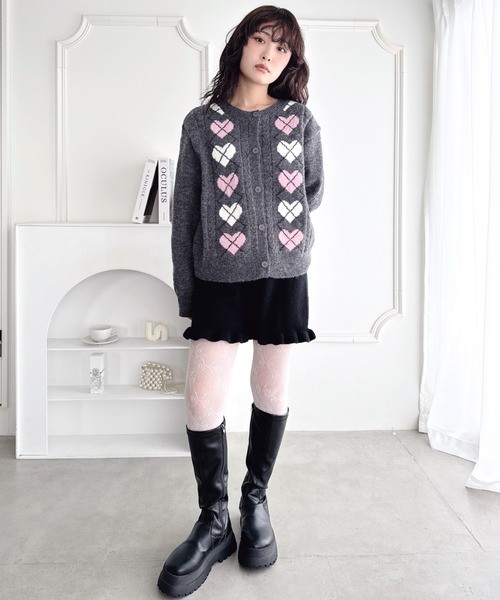 Loueme カーディガン ハートアーガイルニットカーディガン レディース