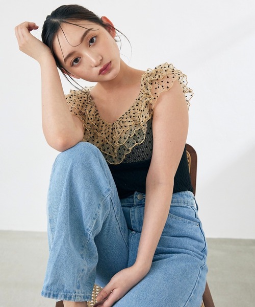 水着 「swimwear/体型カバー」ドットチュールワンピーススイムウェア