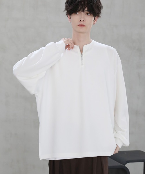 tシャツ 梨地クルーネックハーフジップ長袖カットソー メンズ