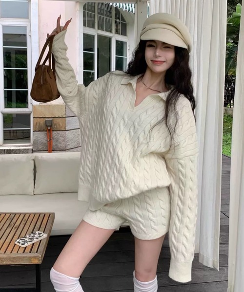 AsRiRe セットアップ セットアップ ケーブルvネックニット+ショート丈