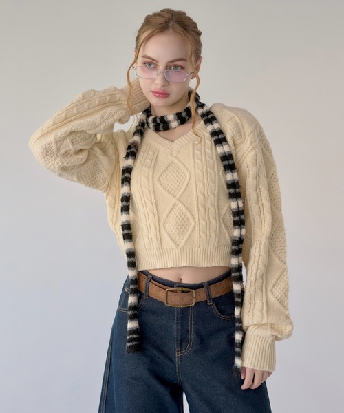 hazyl ニット セーター V-neck cable knit / Vネックケーブルニット