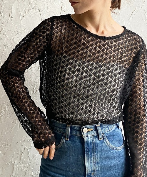 She's Closet tシャツ 長袖シアー/シースルー透かし編みレース