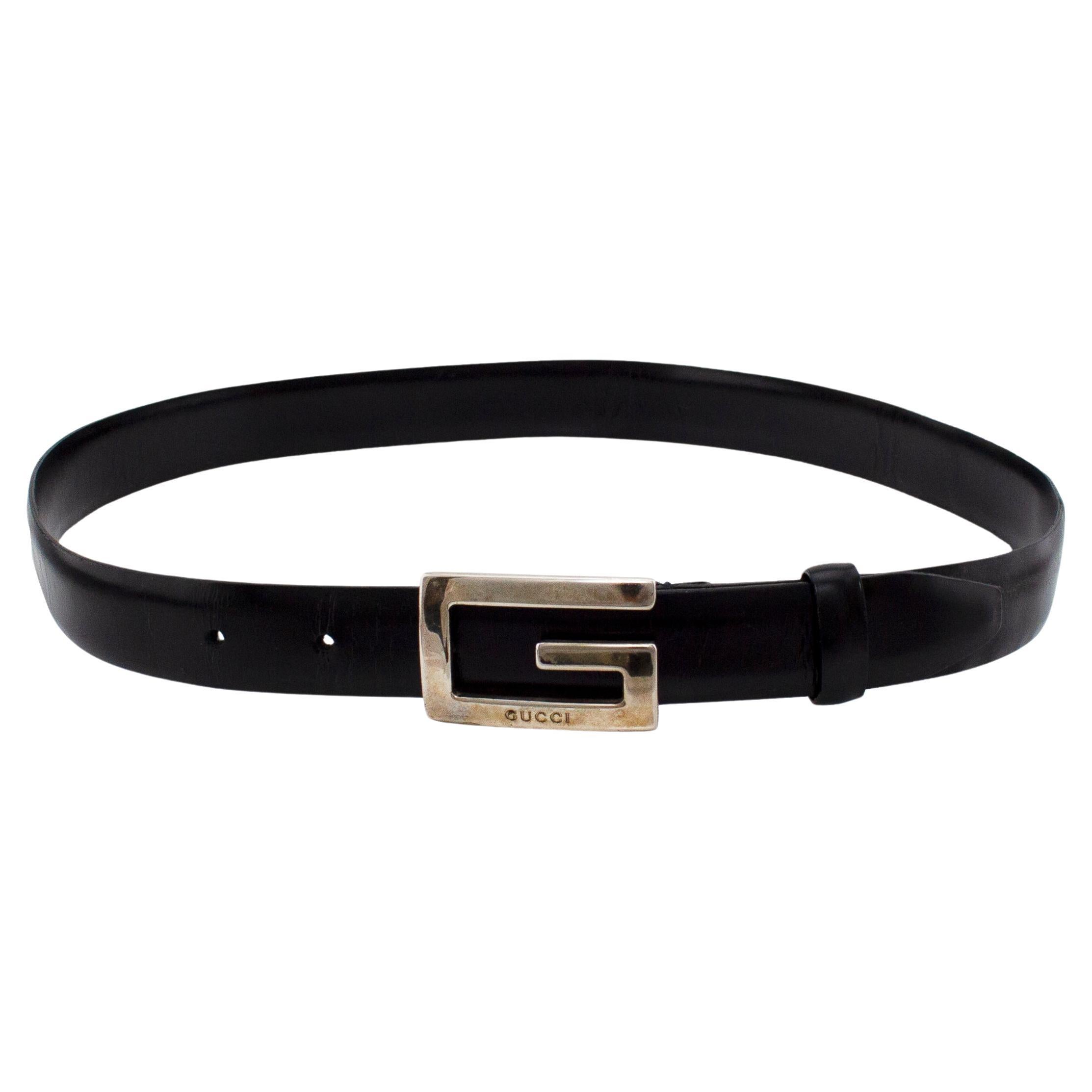 Tom Ford Era Gucci Black Leather Belt with Silver Metal G Buckle
