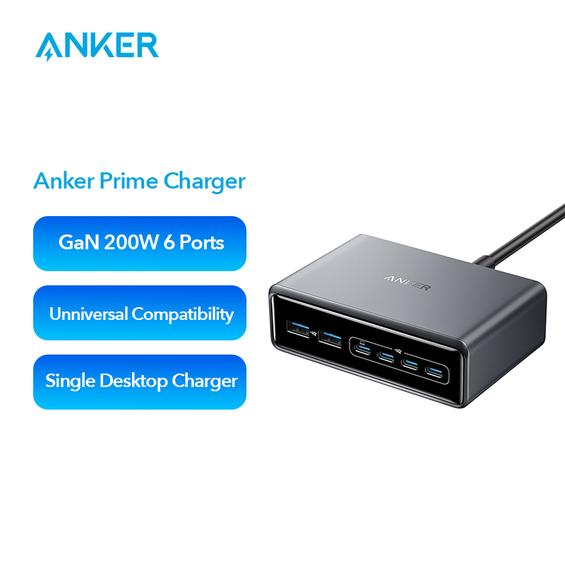 Anker Prime Charger 200 W 6 Ports GaN Charging Station USB-C PD