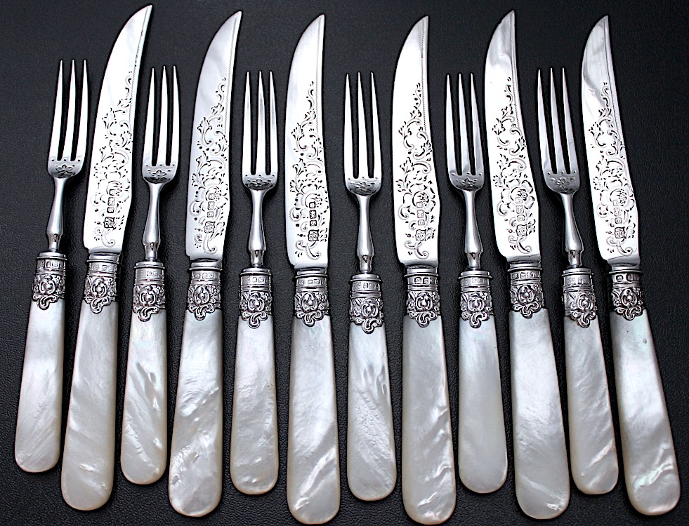 Sold 白蝶貝デザートセット6客用 ナイフフォーク、純銀ブレード