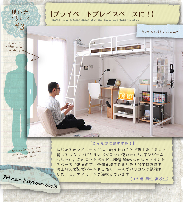 コンセント宮棚付きロフトベッド【Porta】ポルタ (ホワイト)