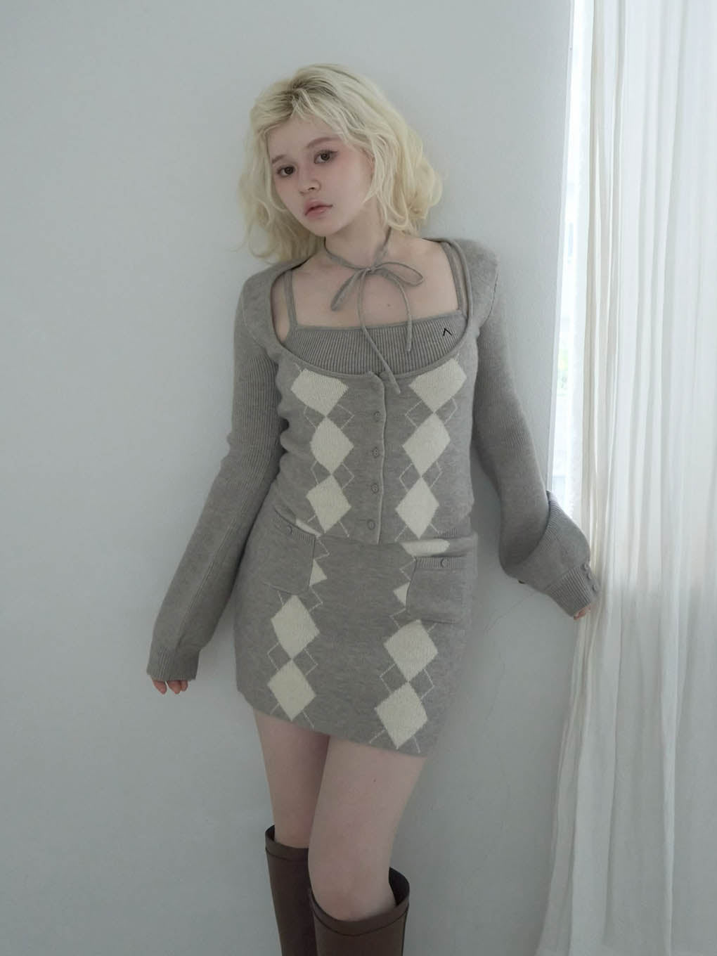 ANDMARY】Argyle ribbon knit set up