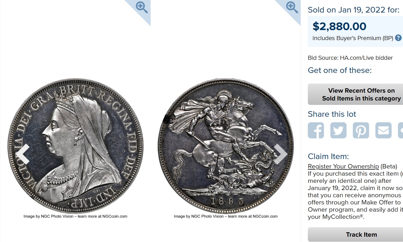 1893年ビクトリア女王クラウン銀貨【PR63CAMEO】 | アンティークコイン