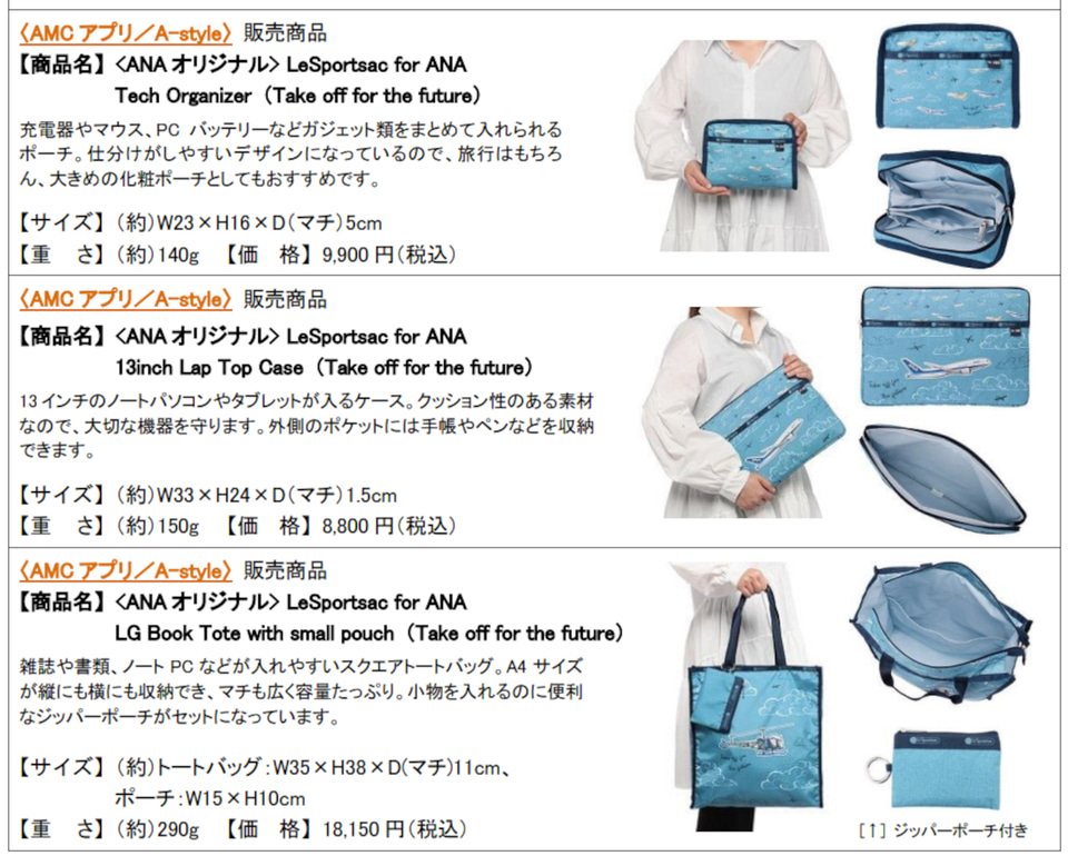 ANA創立70周年記念の「LeSportsac」。歴代飛行機をデザインしたポーチ