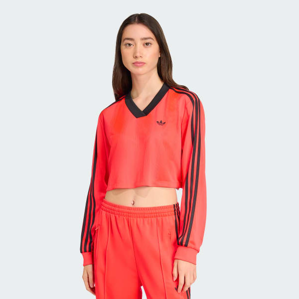 adidas Adicolor Soccer Jacquard Crop Long-Sleeve Top - Red | Free