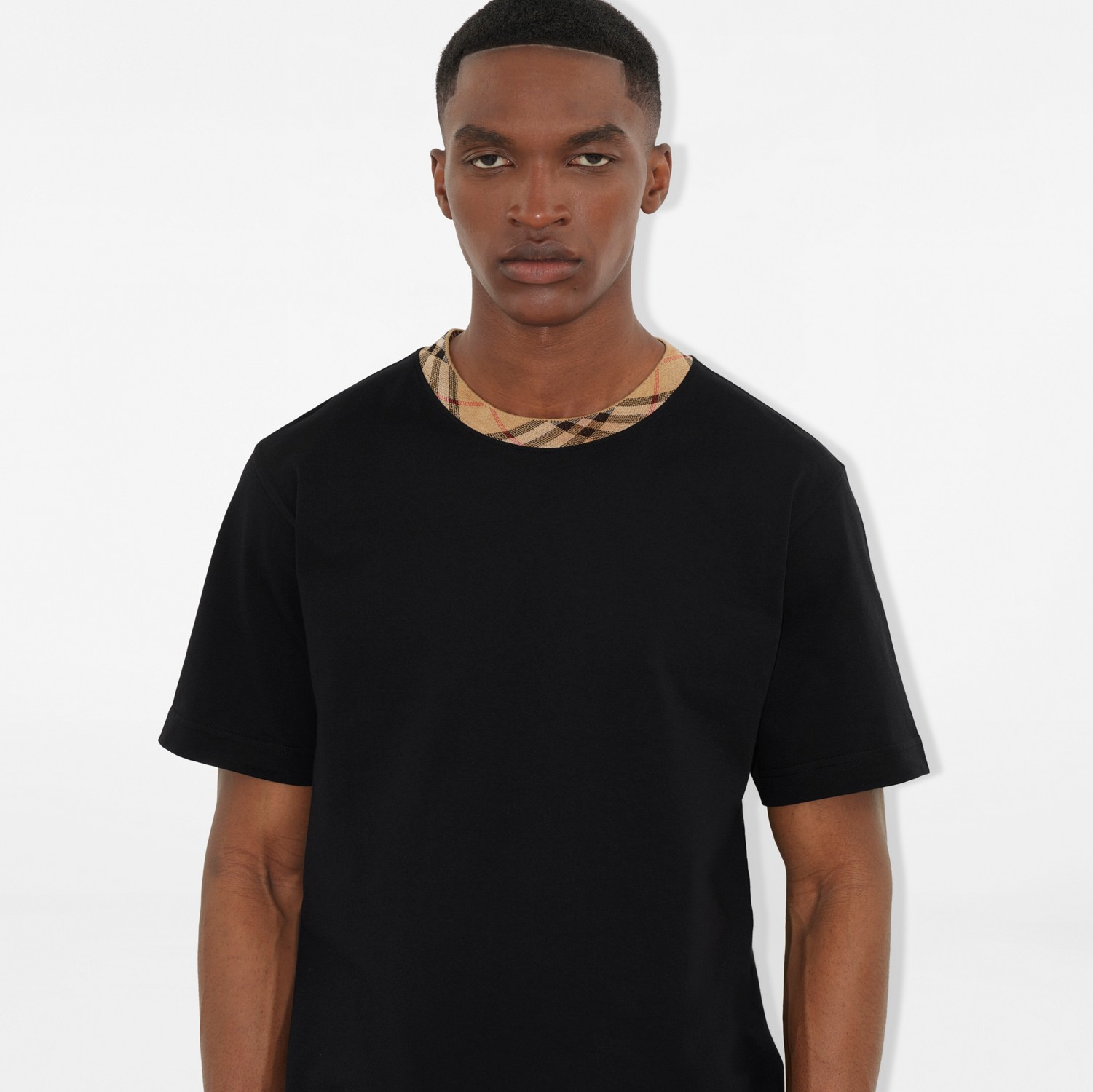 チェックトリム コットンTシャツ (ブラック) - メンズ, コットン
