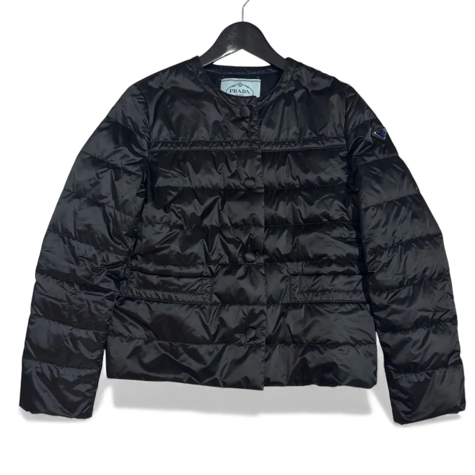 極美品 PRADA プラダ ダウンジャケット ノーカラー 三角ロゴプレート