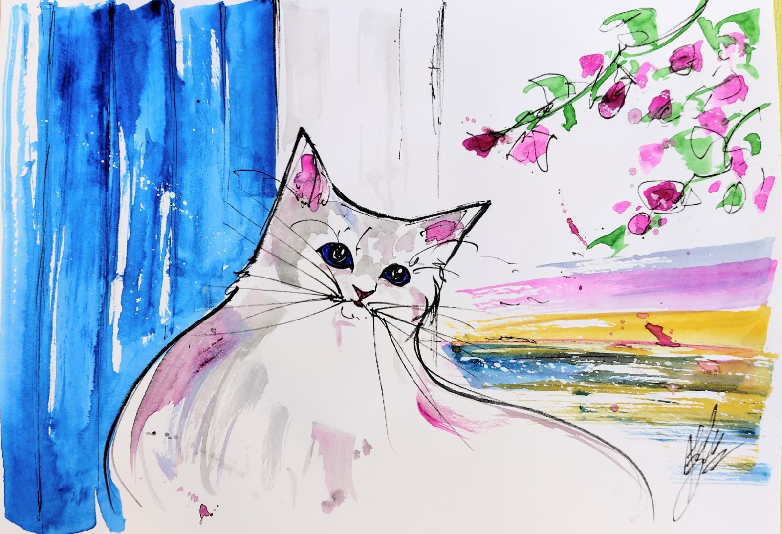 原画#3865 黒猫 カフェ ヨーロッパ 花 水彩画 ドローイング 風景画