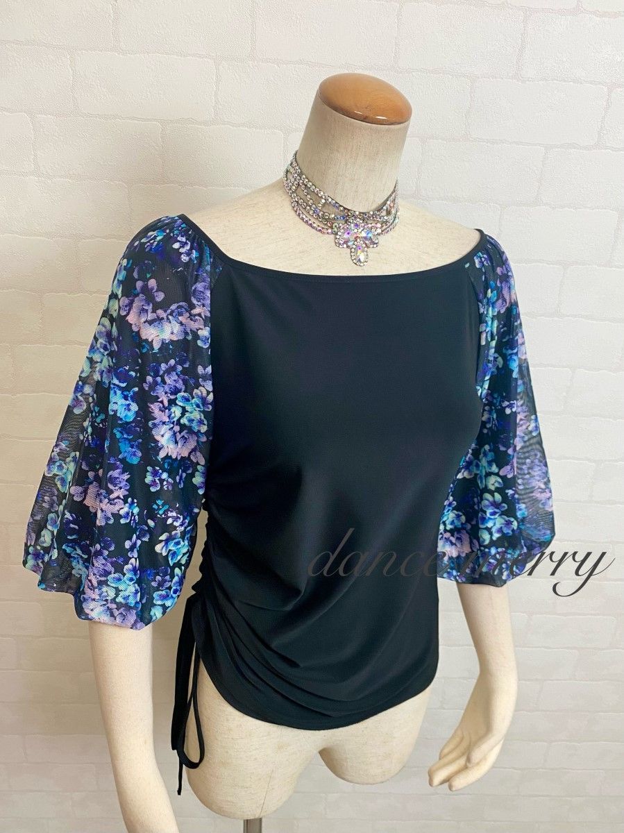 新品 社交ダンス バルーン袖 トップス 黒 青 紫 パーティ レッスン