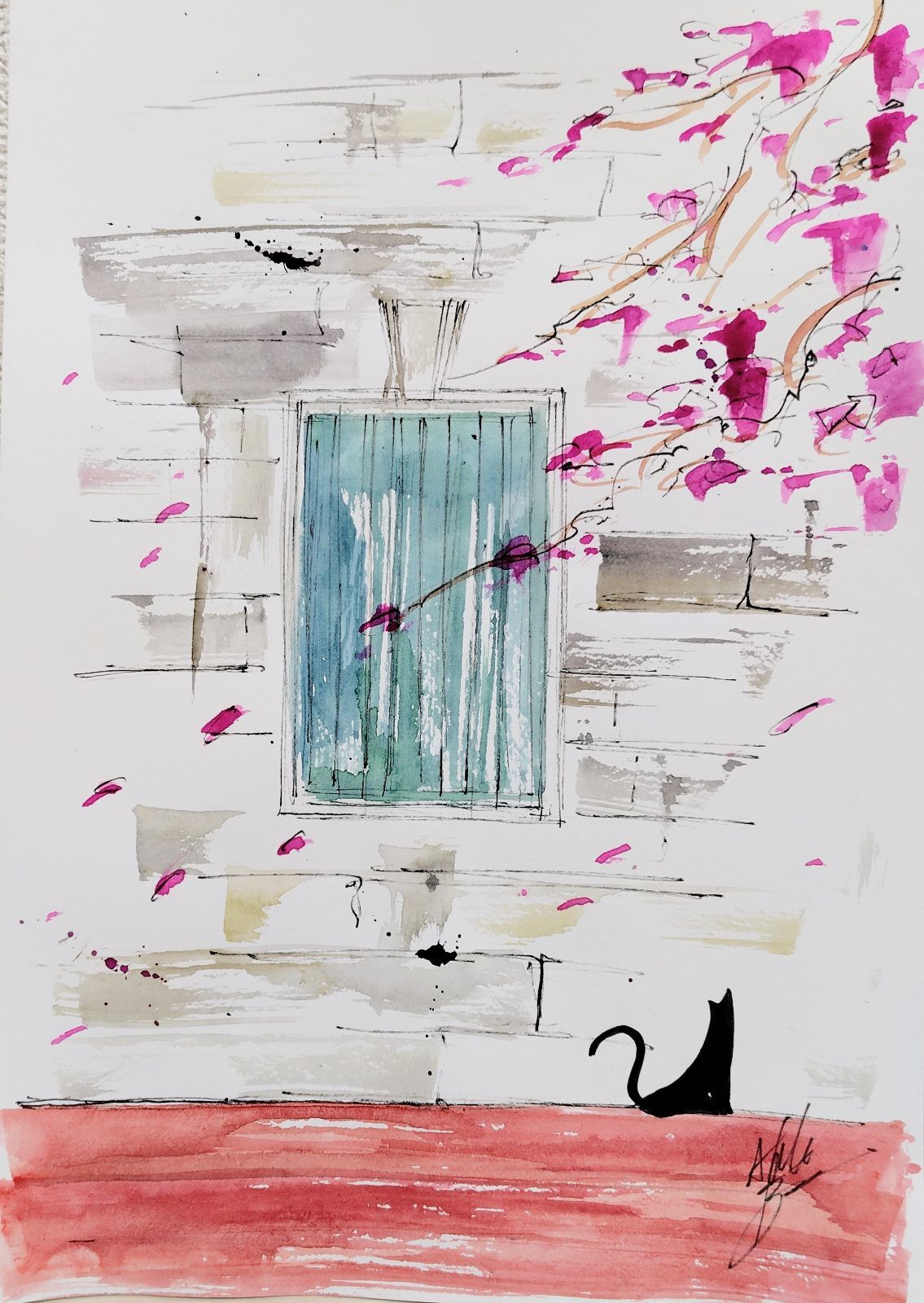 原画#375 黒猫 猫 桜 窓 ヨーロッパ 水彩画 ドローイング インテリア