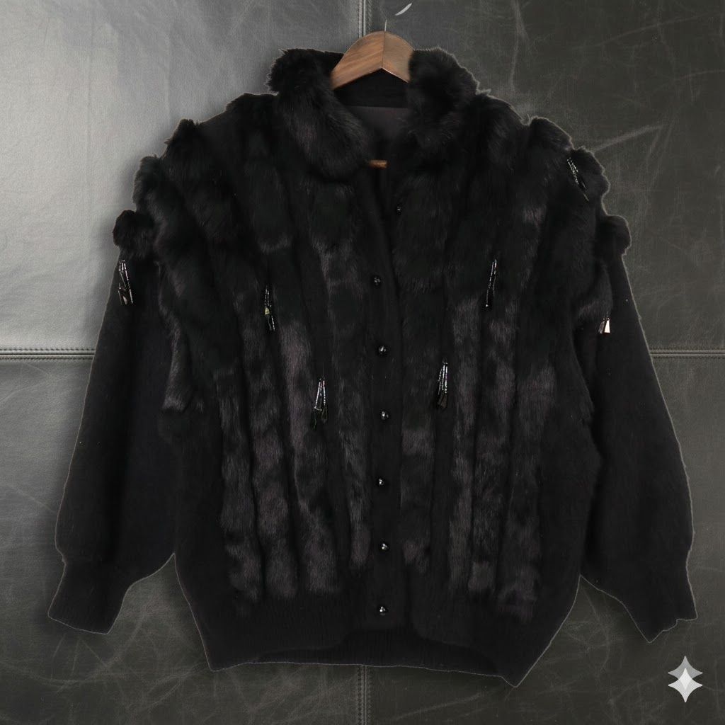 80s 90s Archive y2k gothic Grunge】Vintage Black Angora Beaded