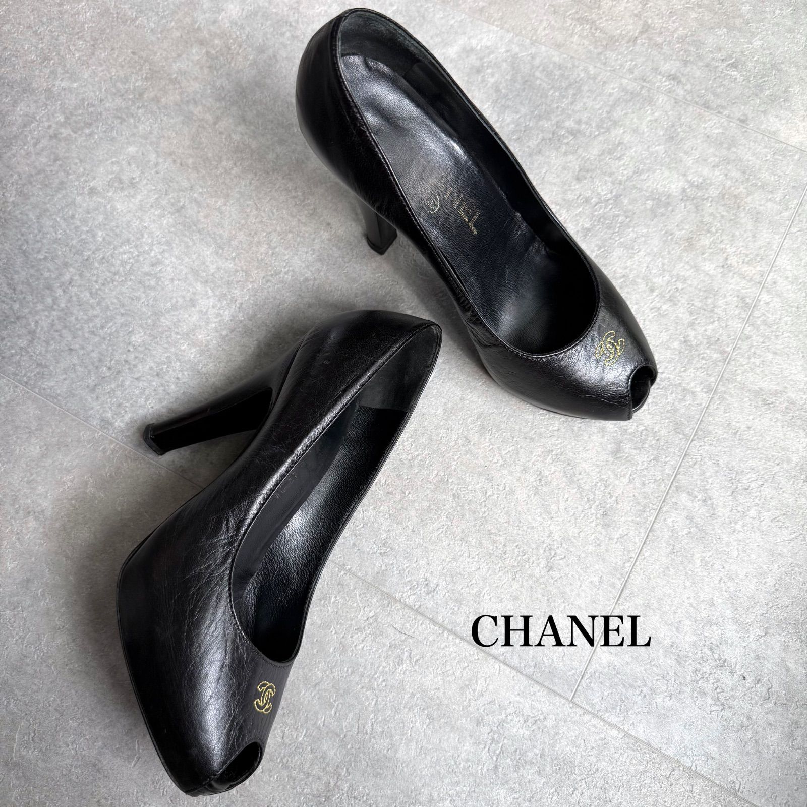 CHANEL シャネル ココマーク オープントゥーパンプス ブラック 黒
