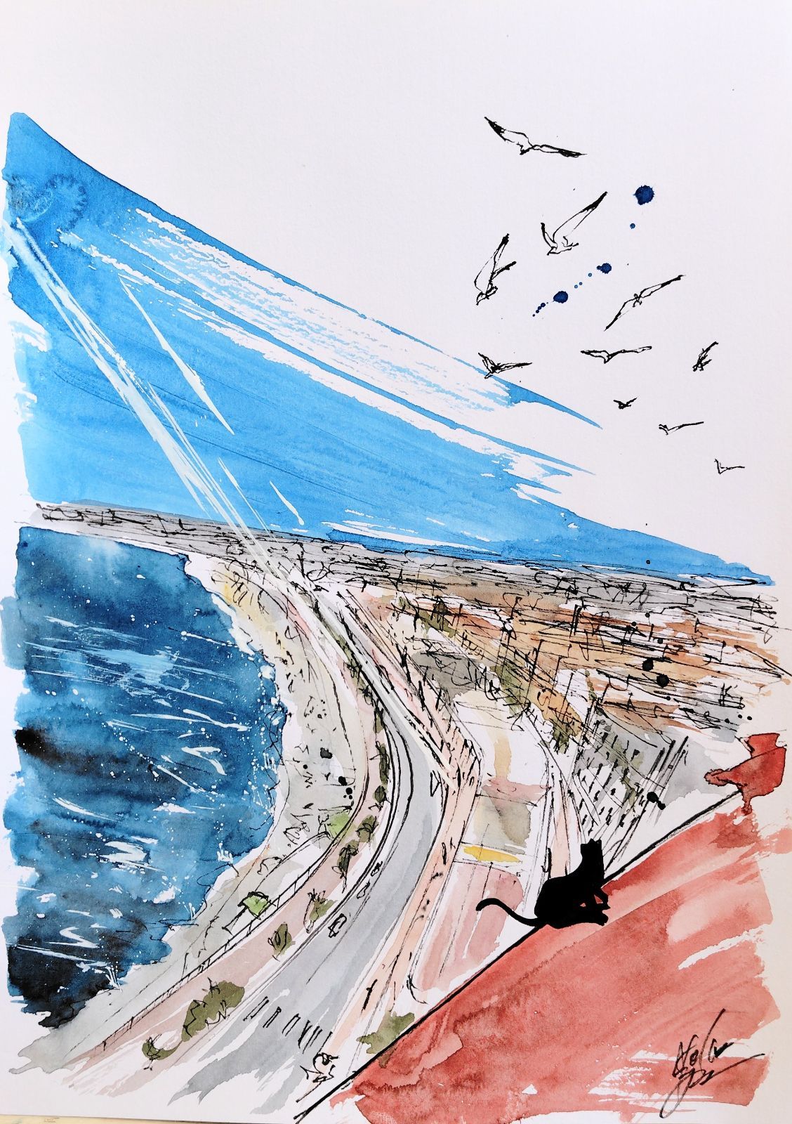 原画#391 黒猫 猫 ニース フランス 空 水彩画 ドローイング ヨーロッパ